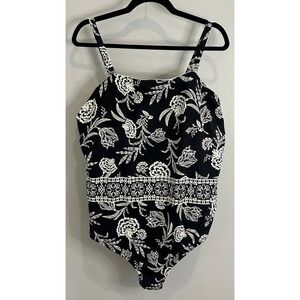 Lands End Slimming One Piece Swimsuit Black White Floral Convertible Strap 26W